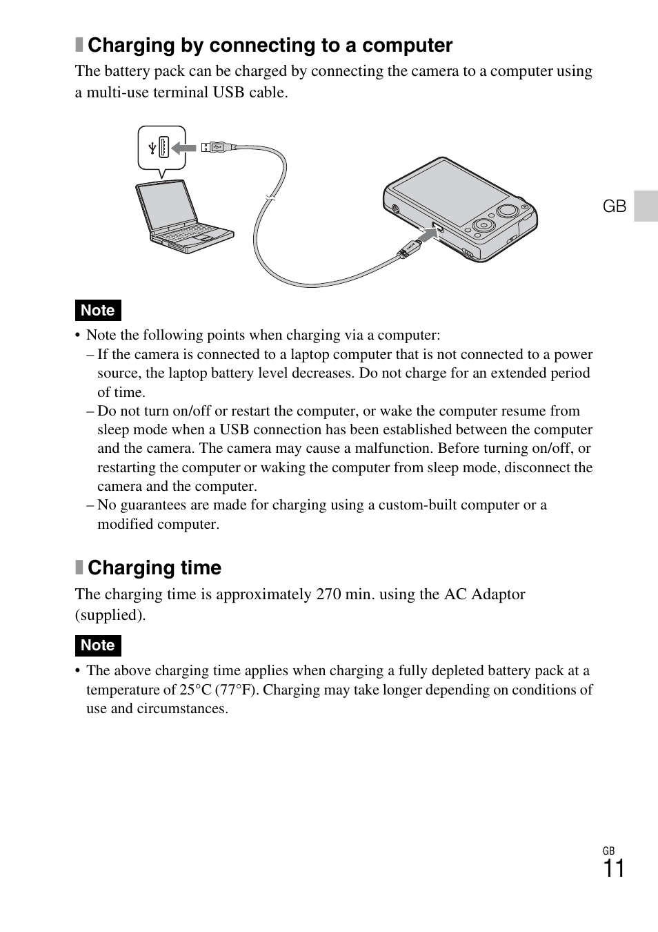 Xcharging by connecting to a computer, Xcharging time | Sony DSC-WX10 User Manual | Page 11 / 56