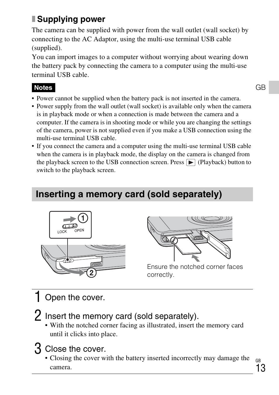 Inserting a memory card (sold separately) | Sony DSC-WX10 User Manual | Page 13 / 56