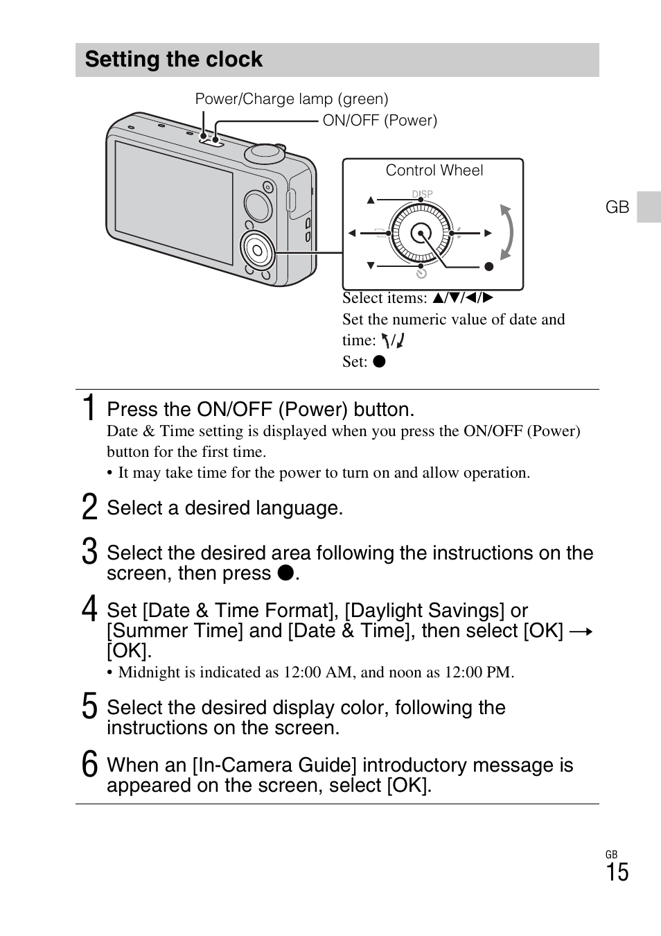Setting the clock | Sony DSC-WX10 User Manual | Page 15 / 56