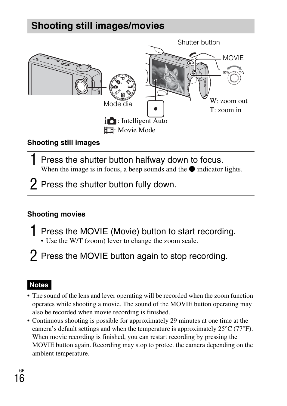 Shooting still images/movies | Sony DSC-WX10 User Manual | Page 16 / 56