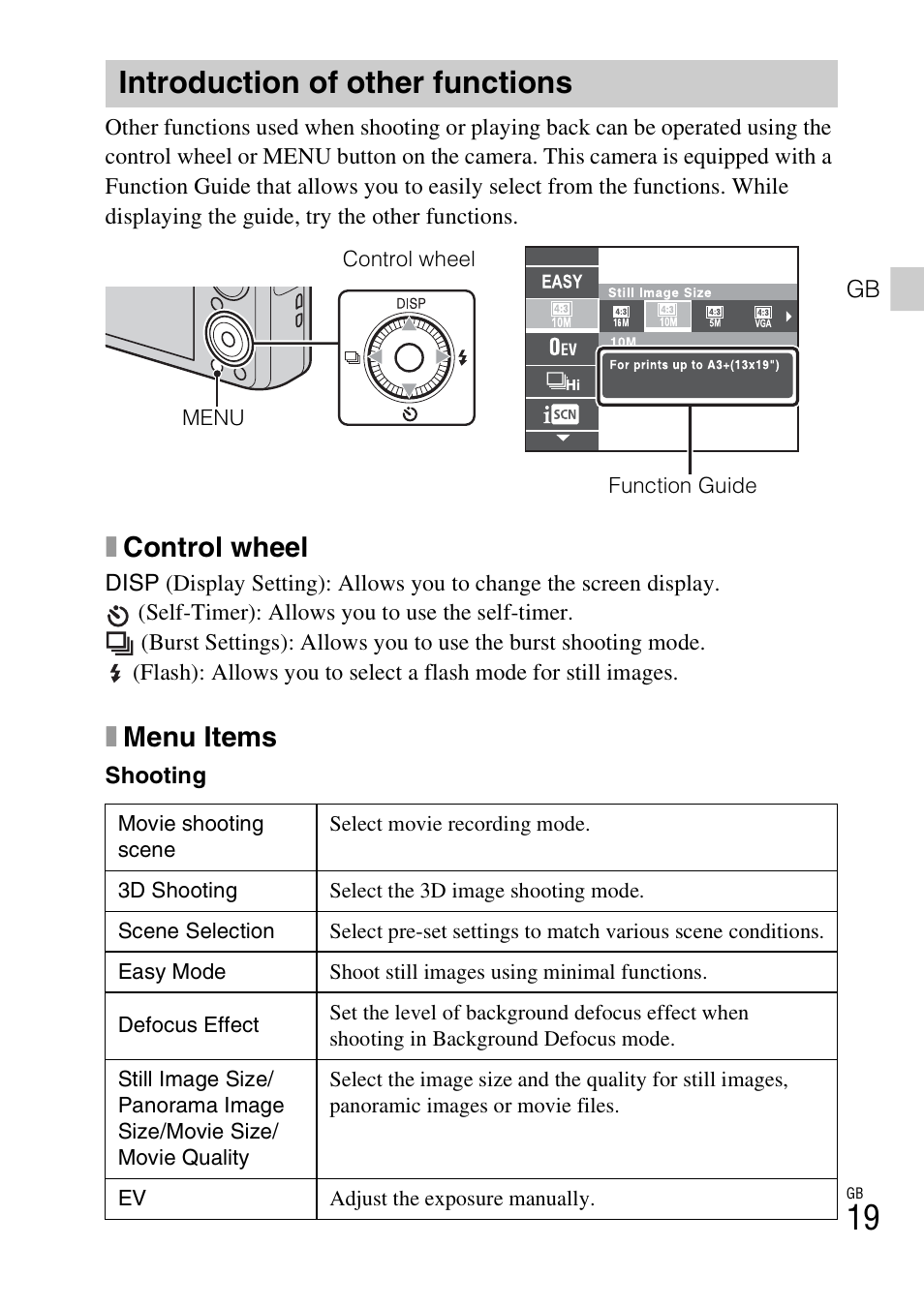 Introduction of other functions, Xcontrol wheel, Xmenu items | Sony DSC-WX10 User Manual | Page 19 / 56