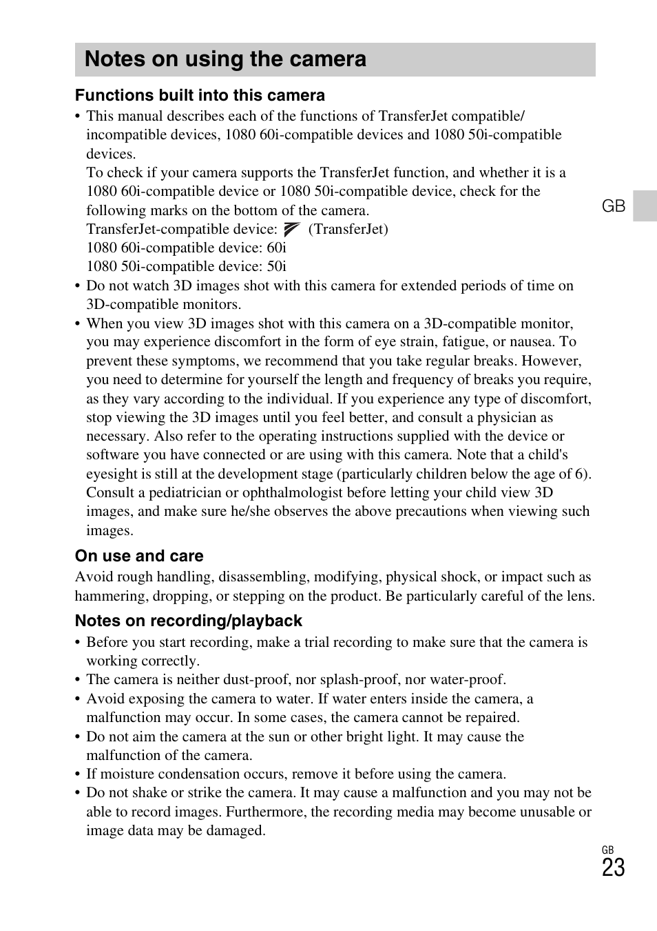 Notes on using the camera | Sony DSC-WX10 User Manual | Page 23 / 56