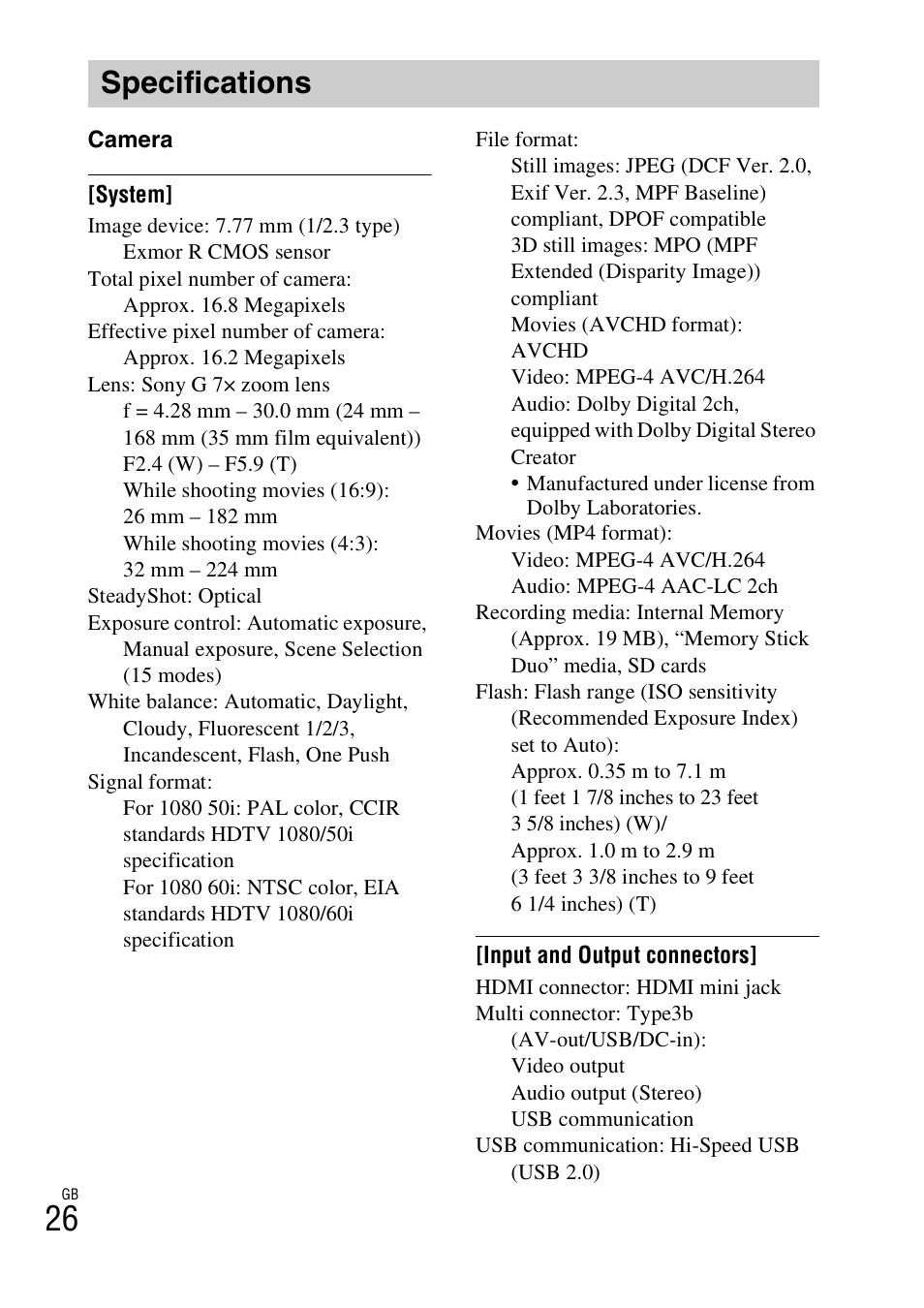 Specifications | Sony DSC-WX10 User Manual | Page 26 / 56