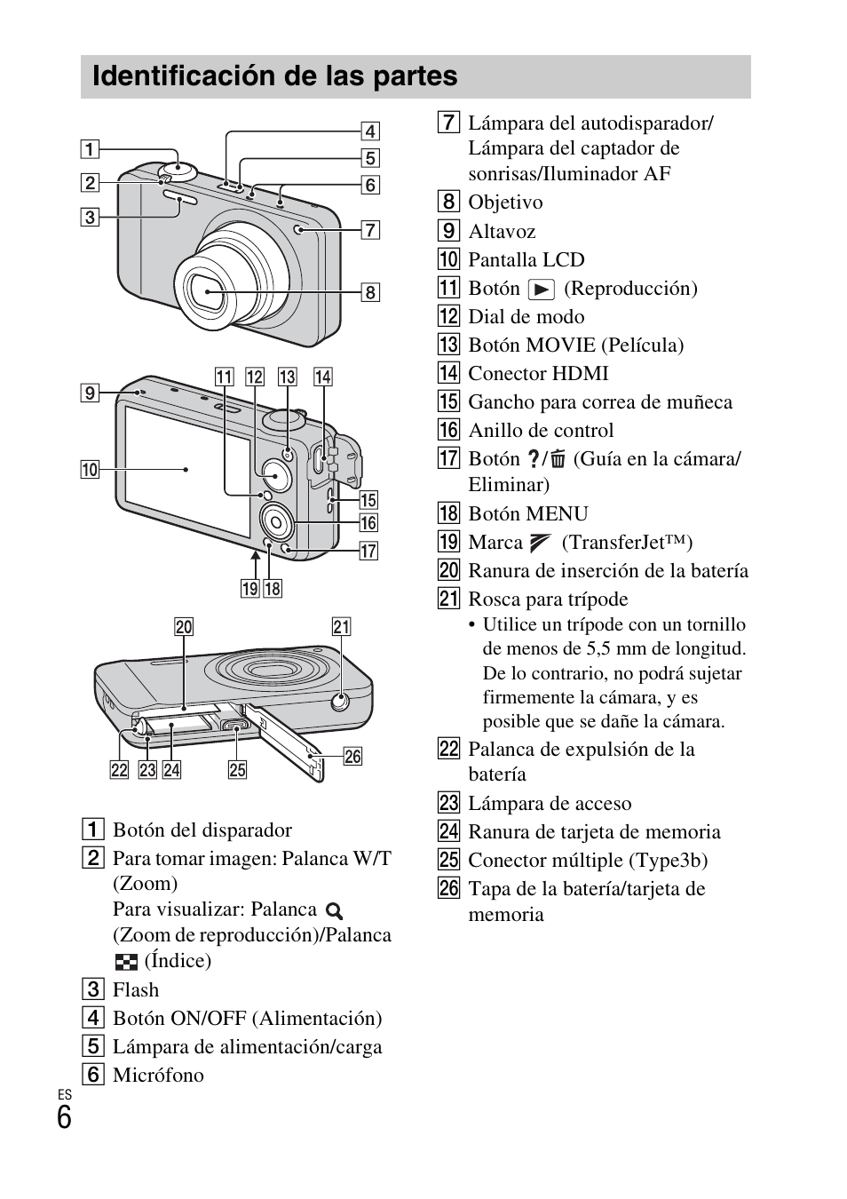 Identificación de las partes | Sony DSC-WX10 User Manual | Page 34 / 56