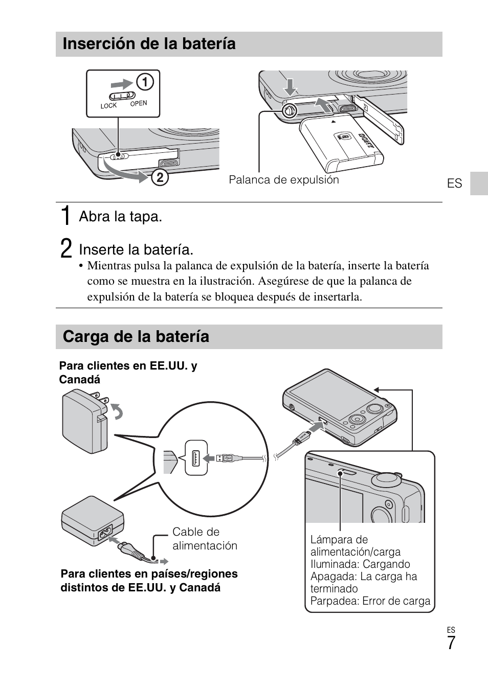 Inserción de la batería, Carga de la batería | Sony DSC-WX10 User Manual | Page 35 / 56