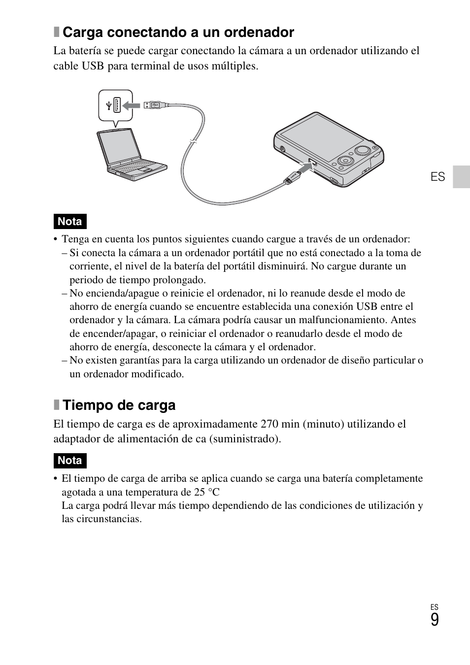 Xcarga conectando a un ordenador, Xtiempo de carga | Sony DSC-WX10 User Manual | Page 37 / 56