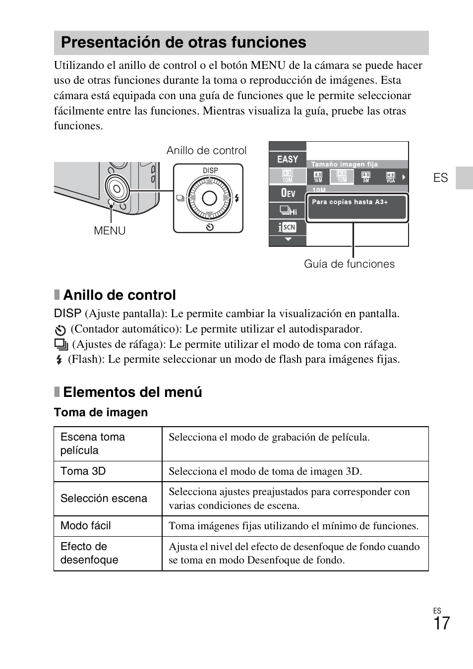 Presentación de otras funciones, Xanillo de control, Xelementos del menú | Sony DSC-WX10 User Manual | Page 45 / 56