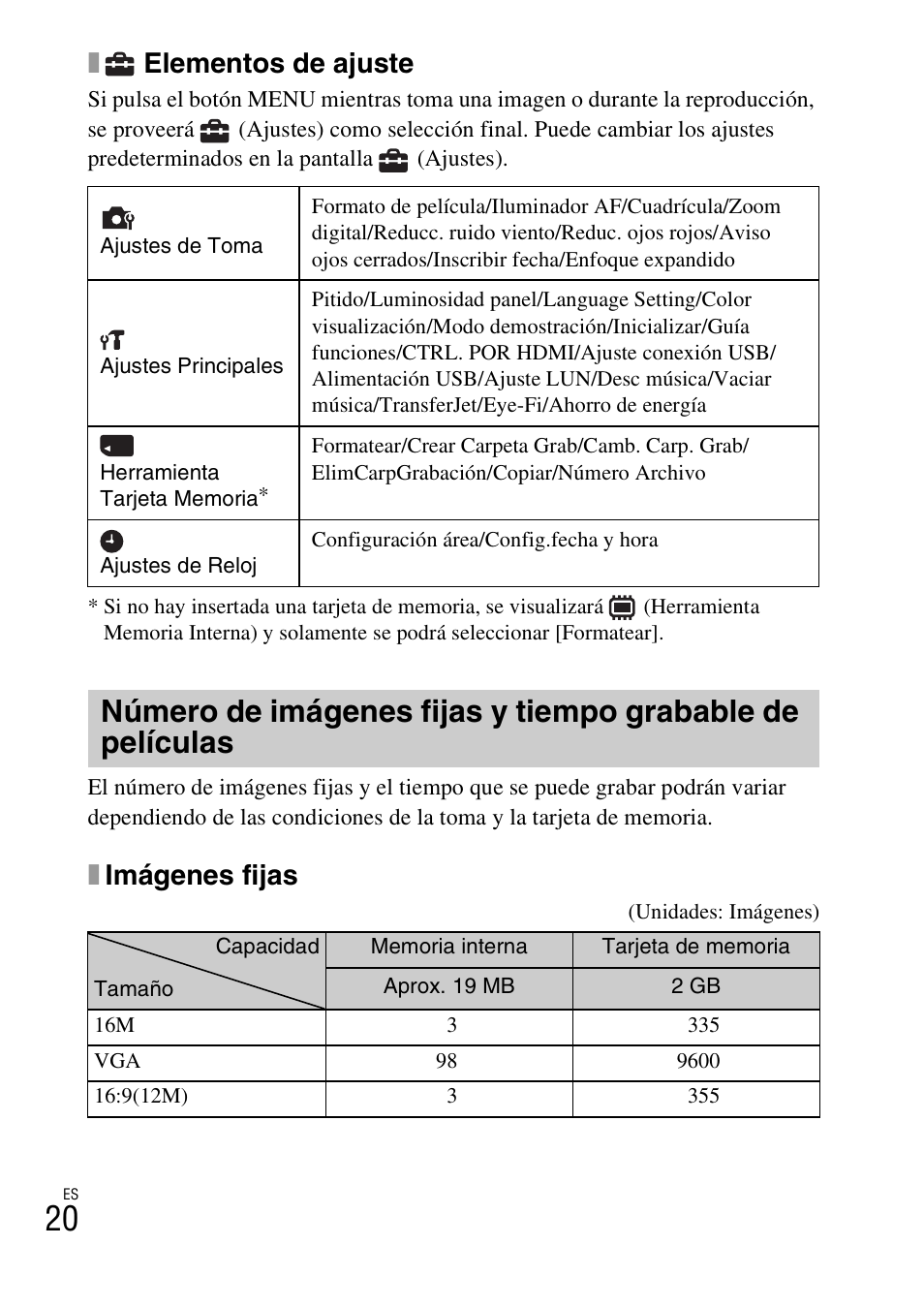 Elementos de ajuste, Ximágenes fijas | Sony DSC-WX10 User Manual | Page 48 / 56