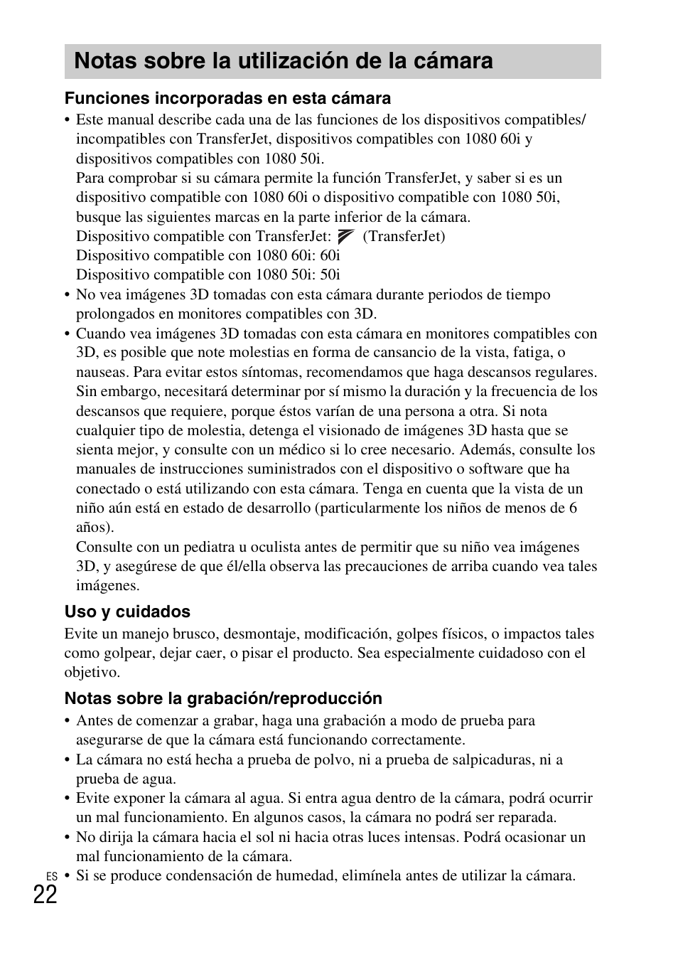 Notas sobre la utilización de la cámara | Sony DSC-WX10 User Manual | Page 50 / 56