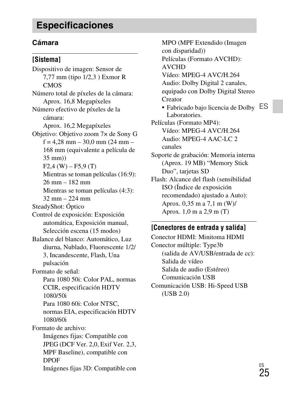 Especificaciones | Sony DSC-WX10 User Manual | Page 53 / 56
