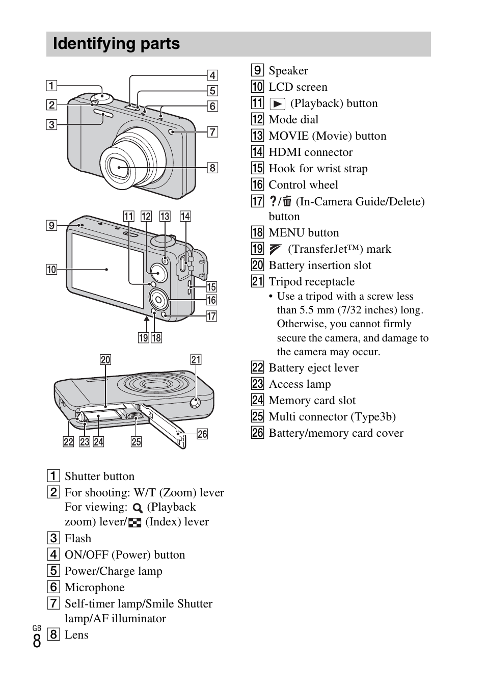 Identifying parts | Sony DSC-WX10 User Manual | Page 8 / 56