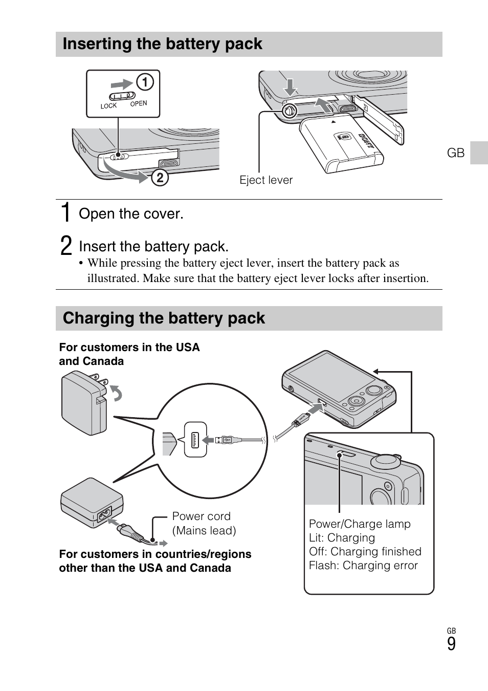 Inserting the battery pack, Charging the battery pack | Sony DSC-WX10 User Manual | Page 9 / 56