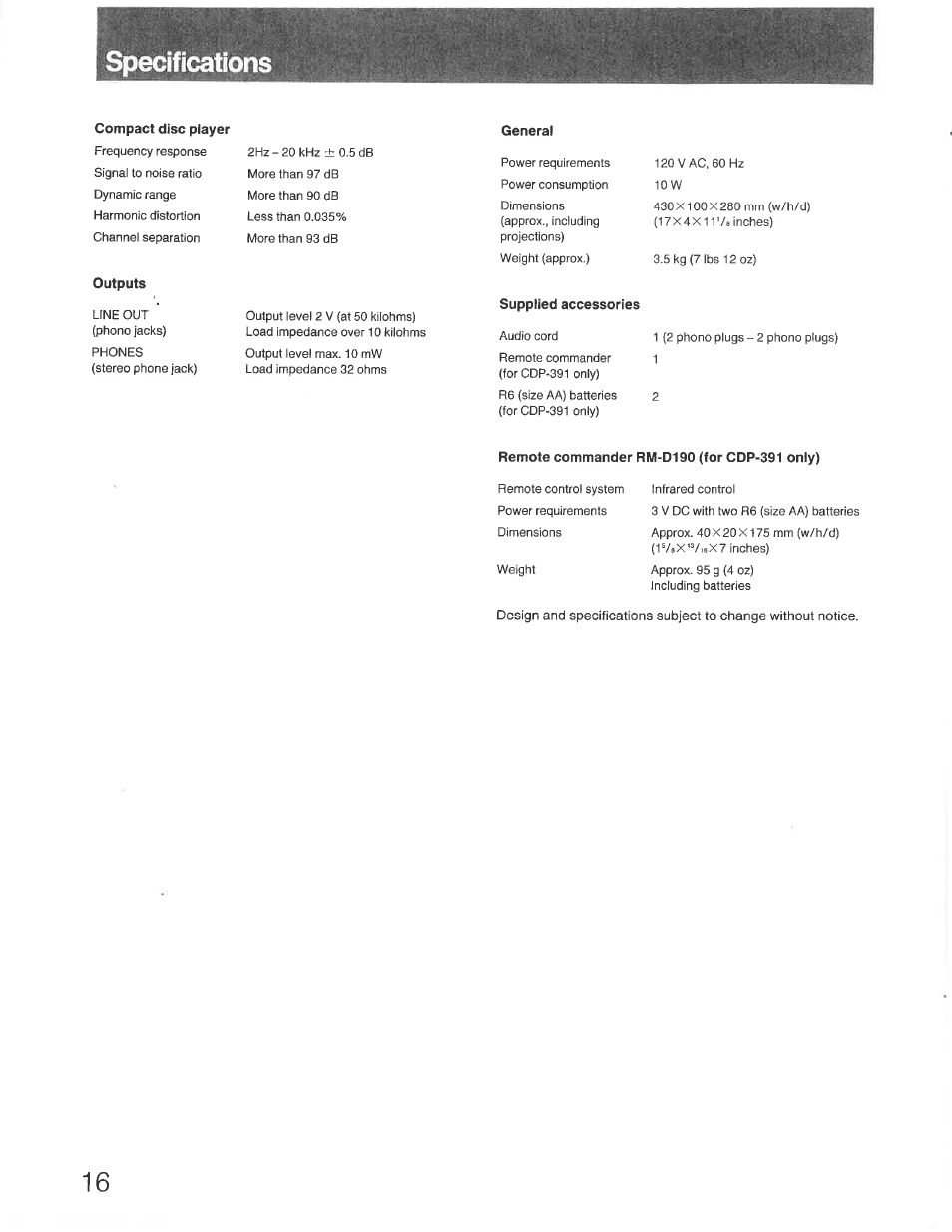 Specifications, Compact disc player, Outputs | General, Supplied accessories, Remote commander rm-d190 (for cdp-391 only) | Sony CDP-391 User Manual | Page 16 / 17