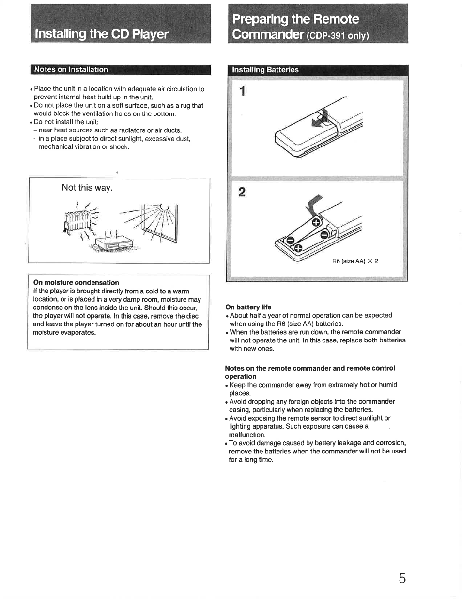 Installing the cd player, Preparing the remote commander (cdp-39i only), Installing batteries | On battery life, Notes on the remote commander and remote control, Remote commander (cdp-391 only), Installing the cd piayer, Only) | Sony CDP-391 User Manual | Page 5 / 17