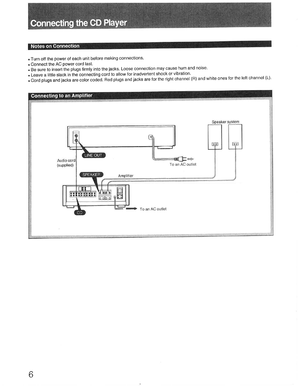 Connecting the cd player, Notes on connection, Connecting to an amplifier | Connecting the cd piayer | Sony CDP-391 User Manual | Page 6 / 17