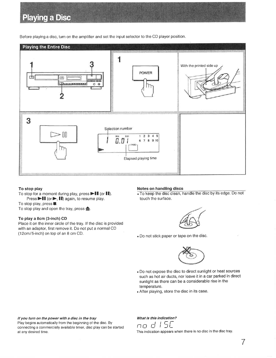 Playing a disc, Playing the entire disc, To stop play | To play a 8cm (3-inch) cd, Notes on handling discs | Sony CDP-391 User Manual | Page 7 / 17