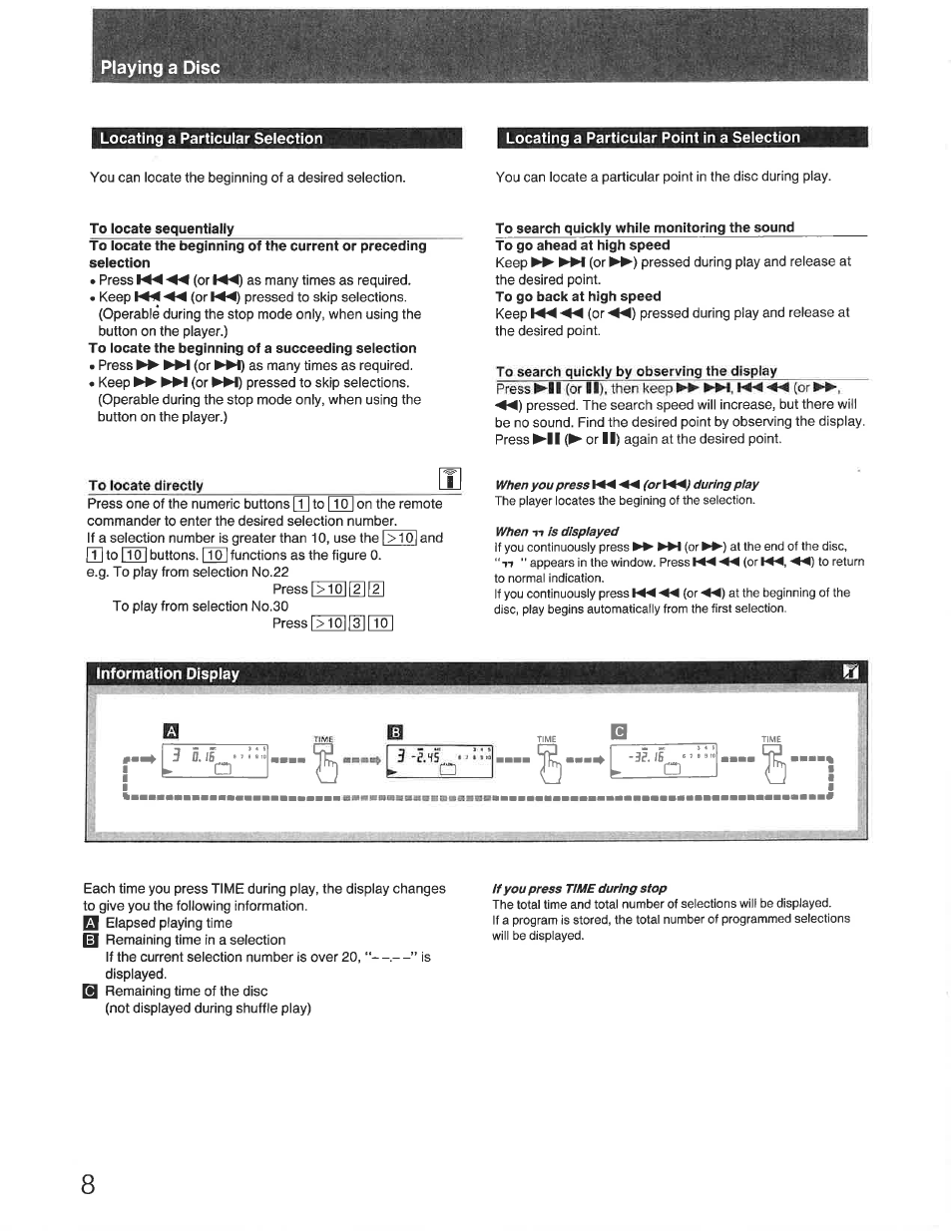 Locating a particular point in a selection, Locating a particular selection, Information display | Sony CDP-391 User Manual | Page 8 / 17