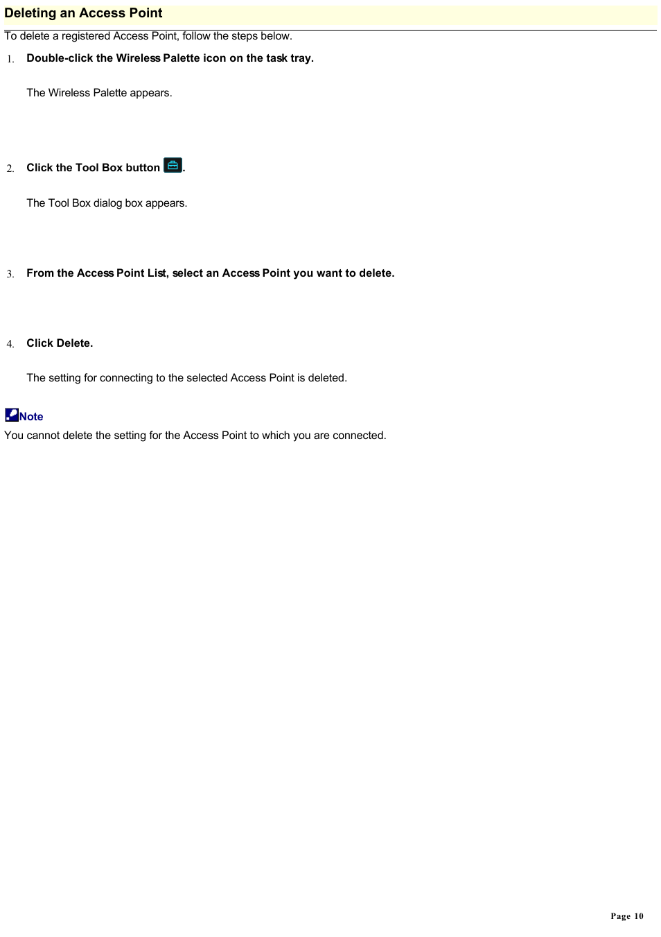 Deleting an access point | Sony PCWA-A200 User Manual | Page 10 / 17