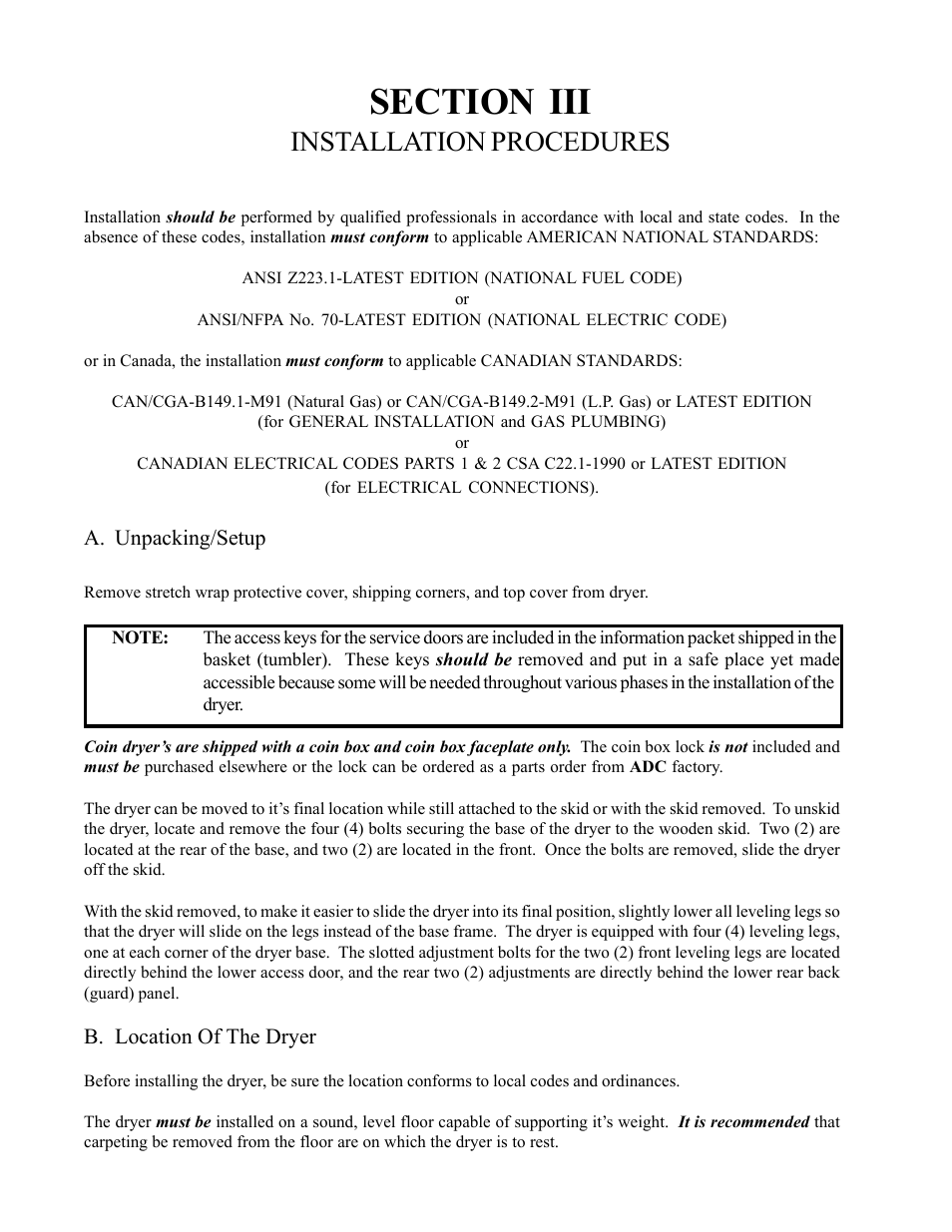 Installation procedures | American Dryer Corp. AD-530HS User Manual | Page 12 / 56