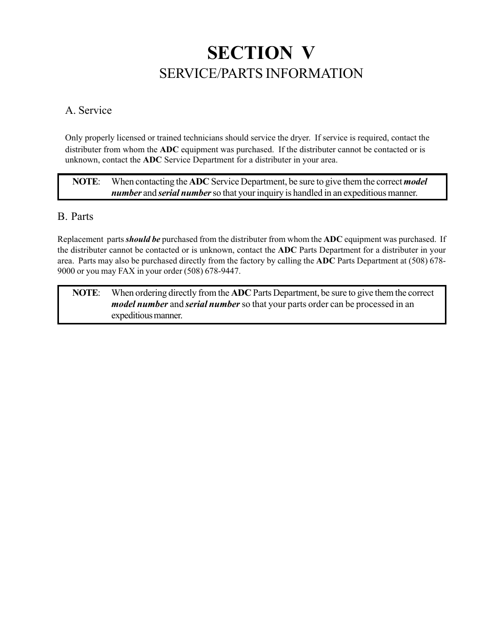 Service/parts information | American Dryer Corp. AD-530HS User Manual | Page 39 / 56