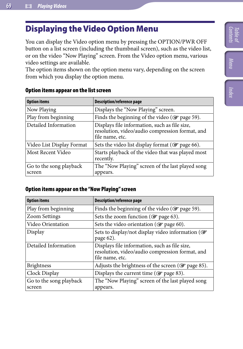 Displaying the video option menu | Sony NWZ-A726PNK User Manual | Page 69 / 133