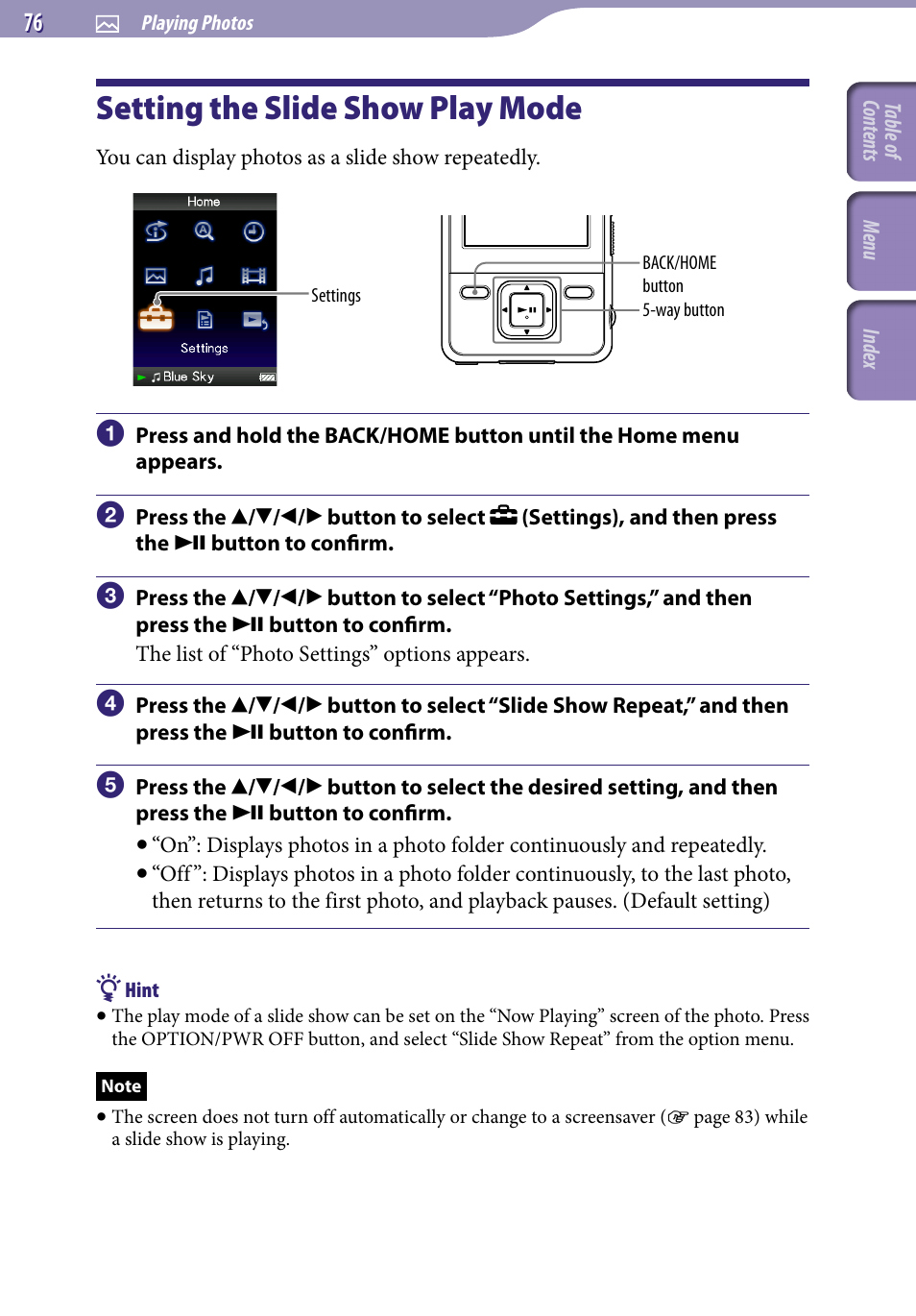 Setting the slide show play mode, Slide show repeat | Sony NWZ-A726PNK User Manual | Page 76 / 133