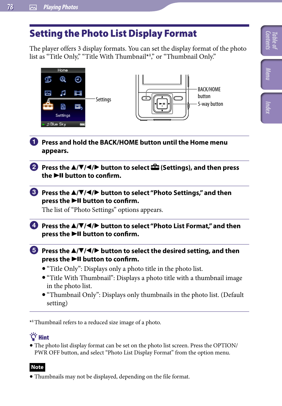 Setting the photo list display format, Setting the photo list display, Format | Photo list format | Sony NWZ-A726PNK User Manual | Page 78 / 133