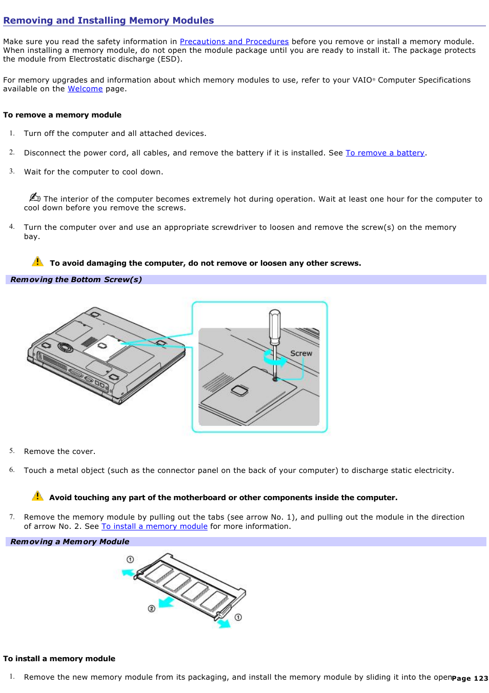 Removing and installing memory modules | Sony PCG-FRV35 User Manual | Page 123 / 141