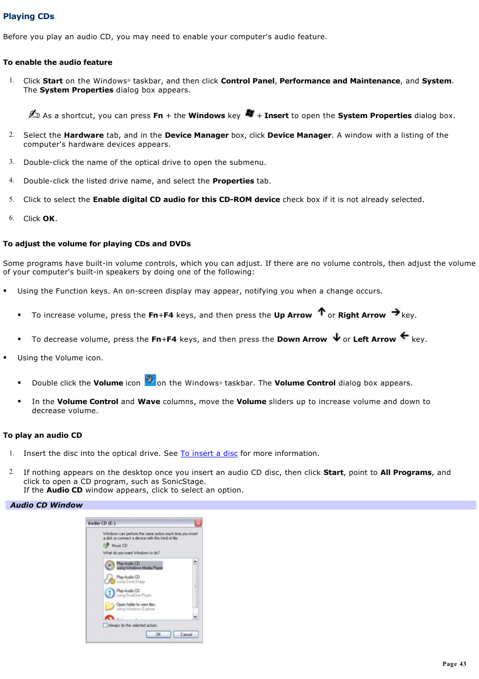 Playing cds | Sony PCG-FRV35 User Manual | Page 43 / 141