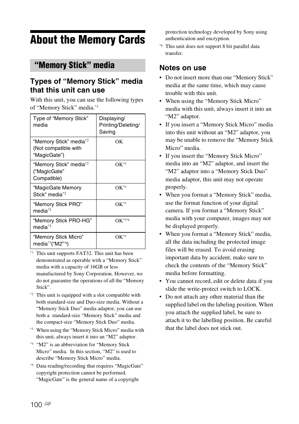 About the memory cards, Memory stick” media, S 100 t | Sony DPP-F700 User Manual | Page 100 / 109