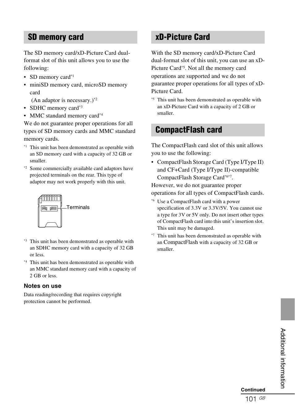 Sd memory card, Xd-picture card, Compactflash card | Sd memory card xd-picture card compactflash card, Xd-picture card compactflash card | Sony DPP-F700 User Manual | Page 101 / 109