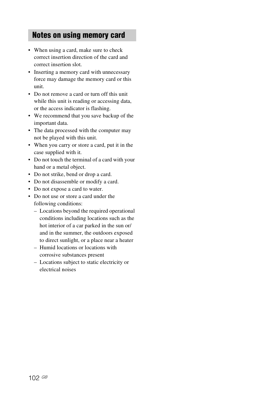 Notes on using memory card | Sony DPP-F700 User Manual | Page 102 / 109
