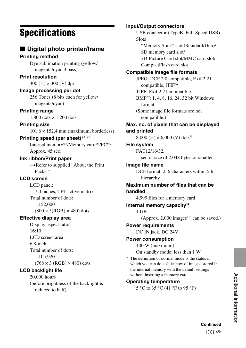 Specifications, X digital photo printer/frame | Sony DPP-F700 User Manual | Page 103 / 109