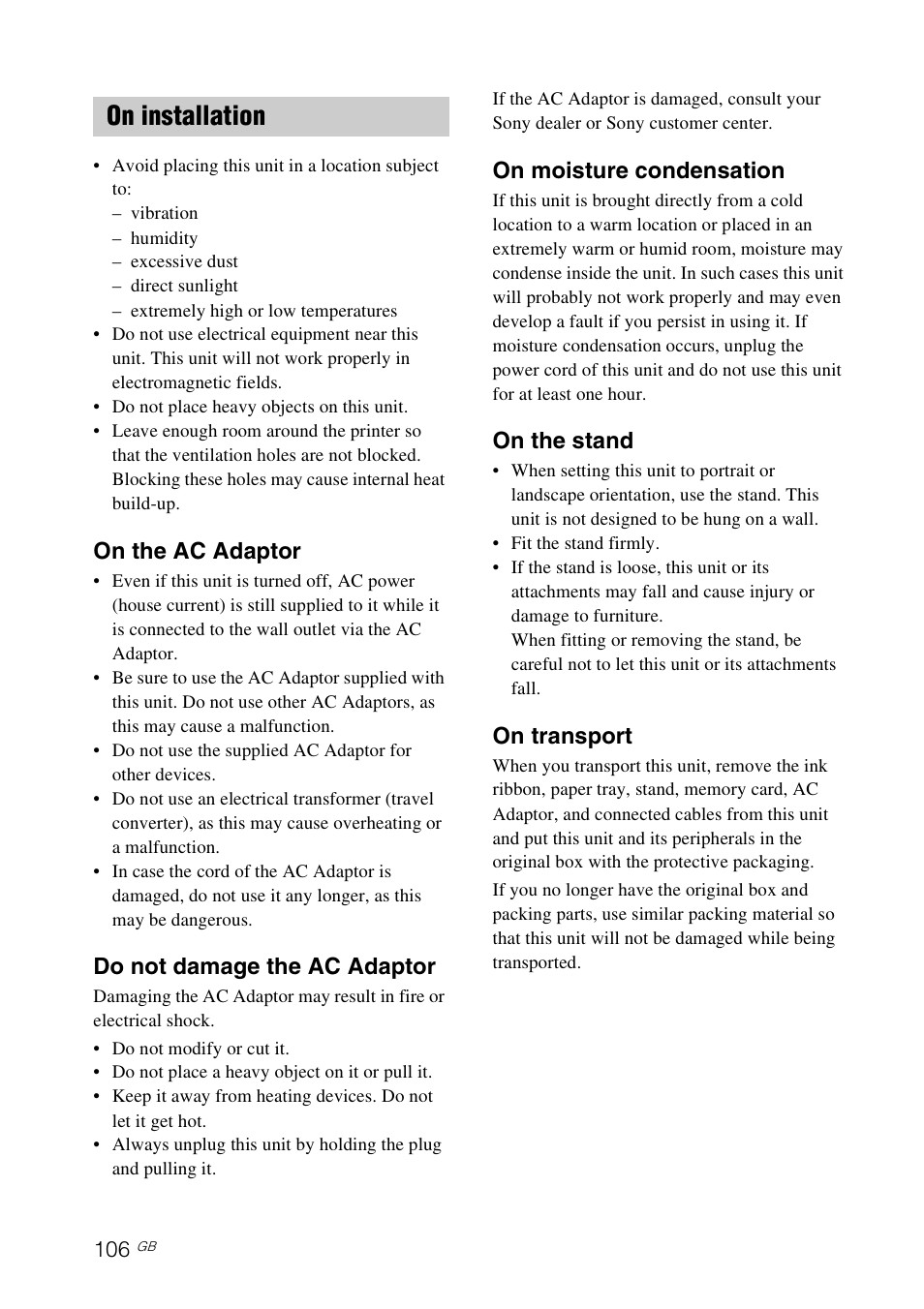 On installation | Sony DPP-F700 User Manual | Page 106 / 109