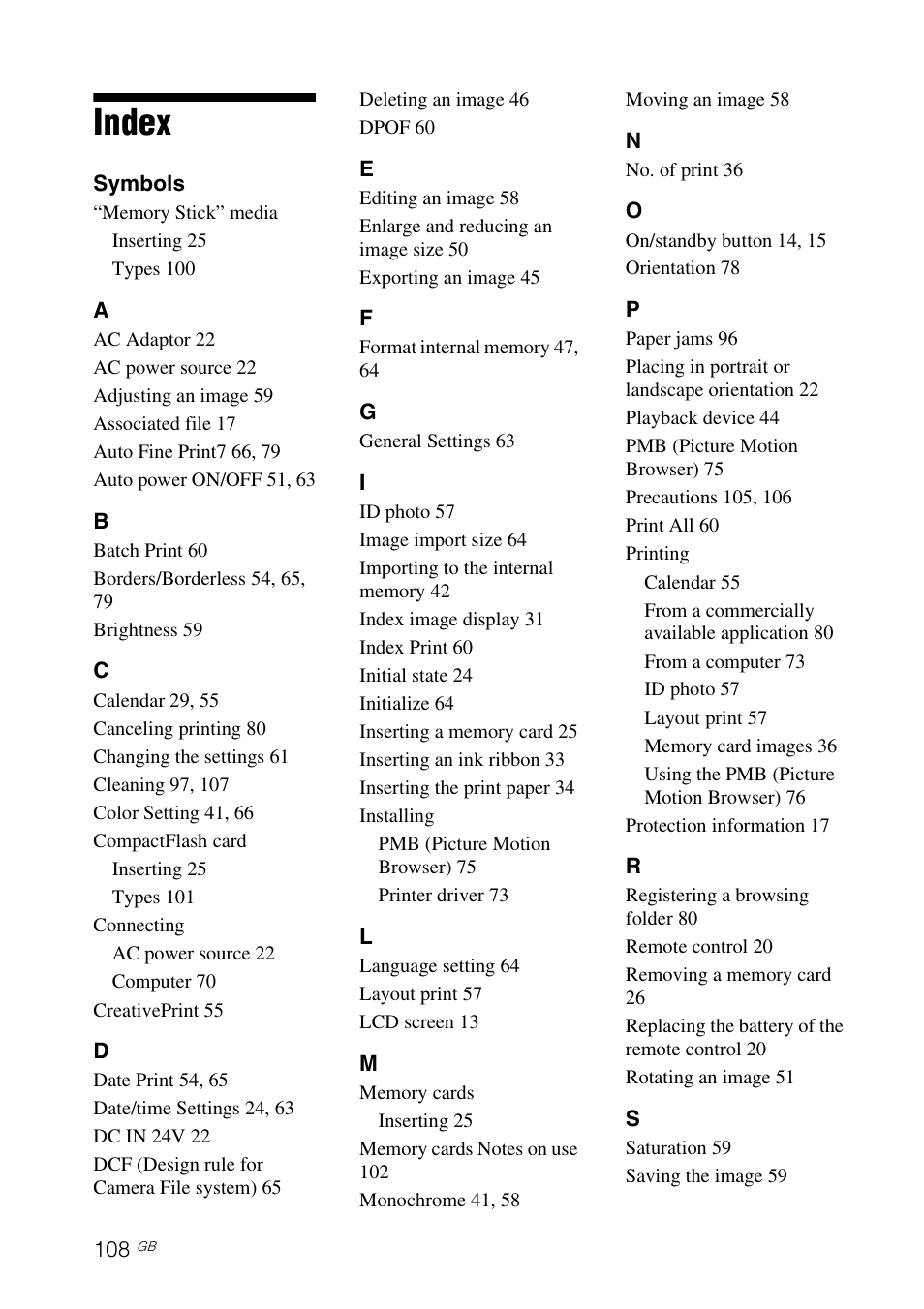 Index | Sony DPP-F700 User Manual | Page 108 / 109