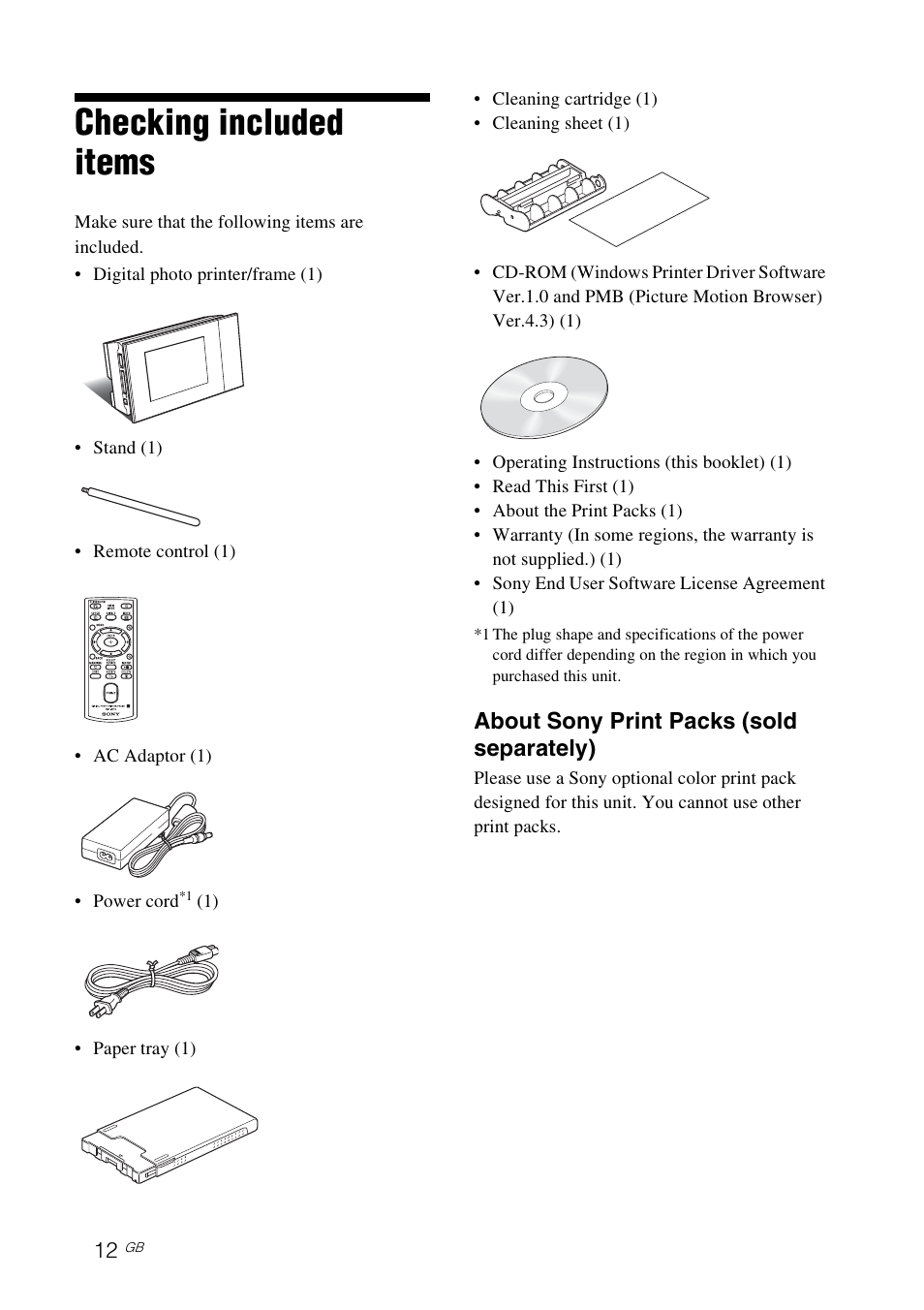 Checking included items, About sony print packs (sold separately) | Sony DPP-F700 User Manual | Page 12 / 109