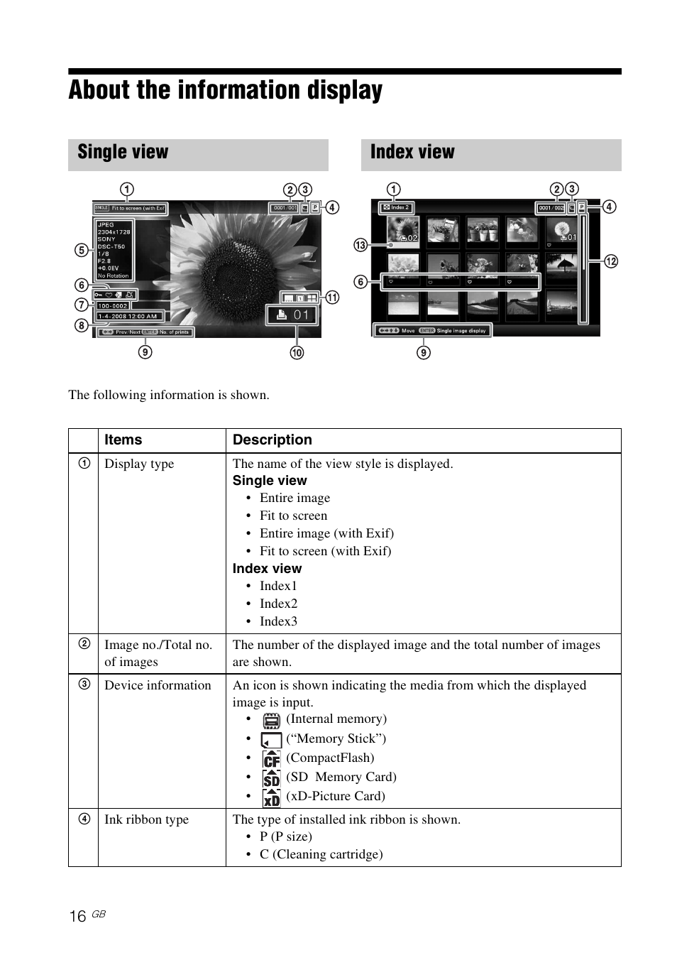 About the information display, Single view, Index view | Single view index view | Sony DPP-F700 User Manual | Page 16 / 109