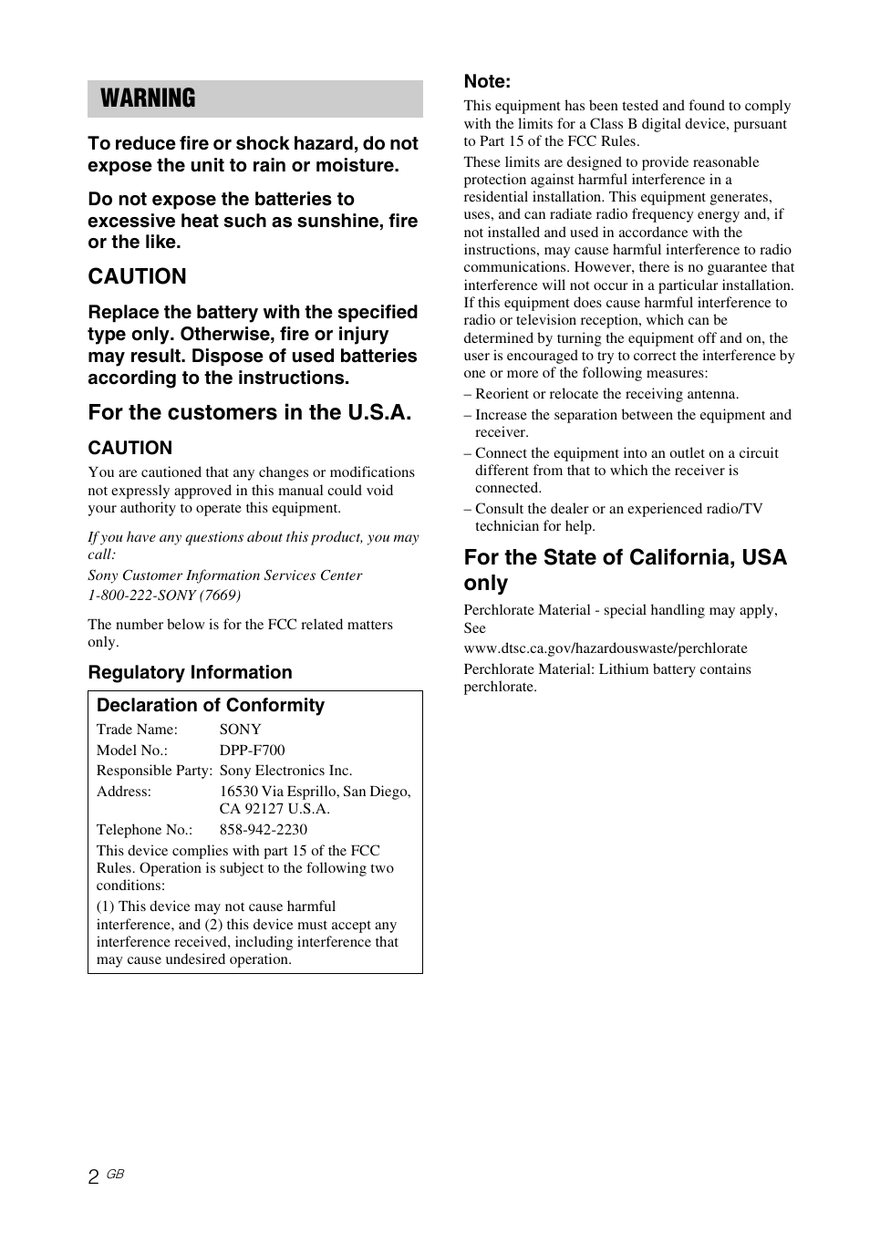 Warning, Caution, For the customers in the u.s.a | For the state of california, usa only | Sony DPP-F700 User Manual | Page 2 / 109