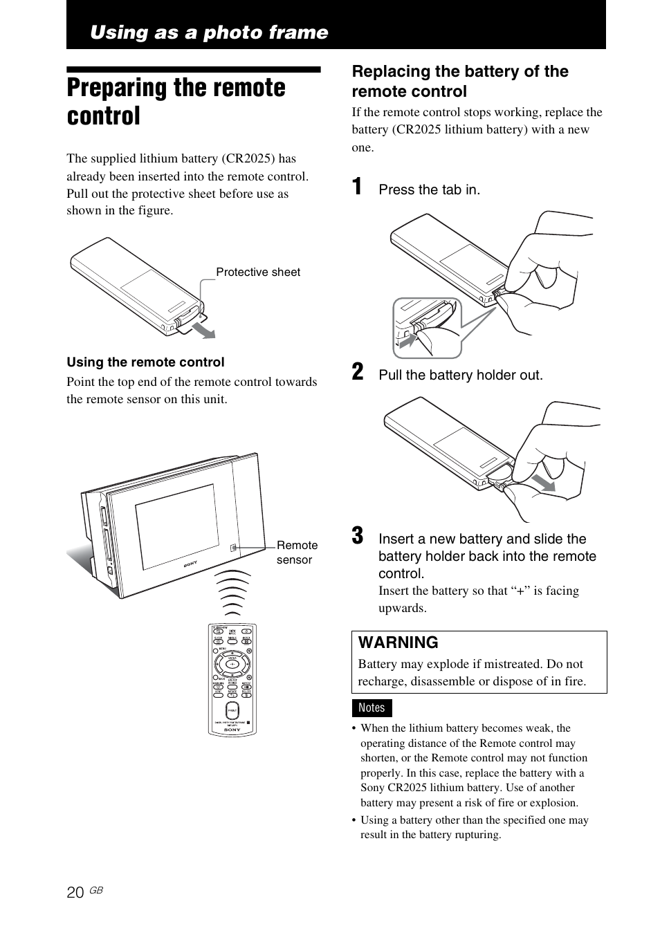 Using as a photo frame, Preparing the remote control | Sony DPP-F700 User Manual | Page 20 / 109