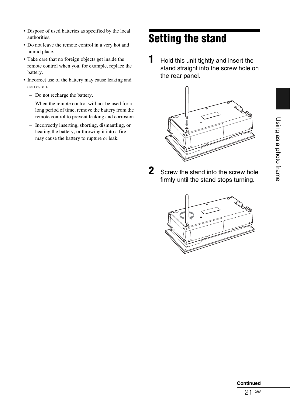 Setting the stand | Sony DPP-F700 User Manual | Page 21 / 109