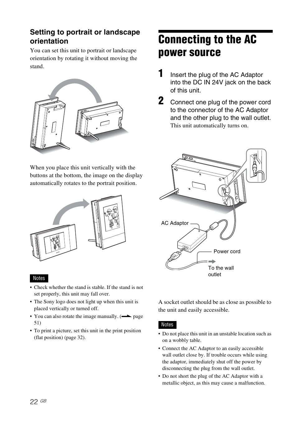 Connecting to the ac power source, Ge 22, Setting to portrait or landscape orientation | Sony DPP-F700 User Manual | Page 22 / 109