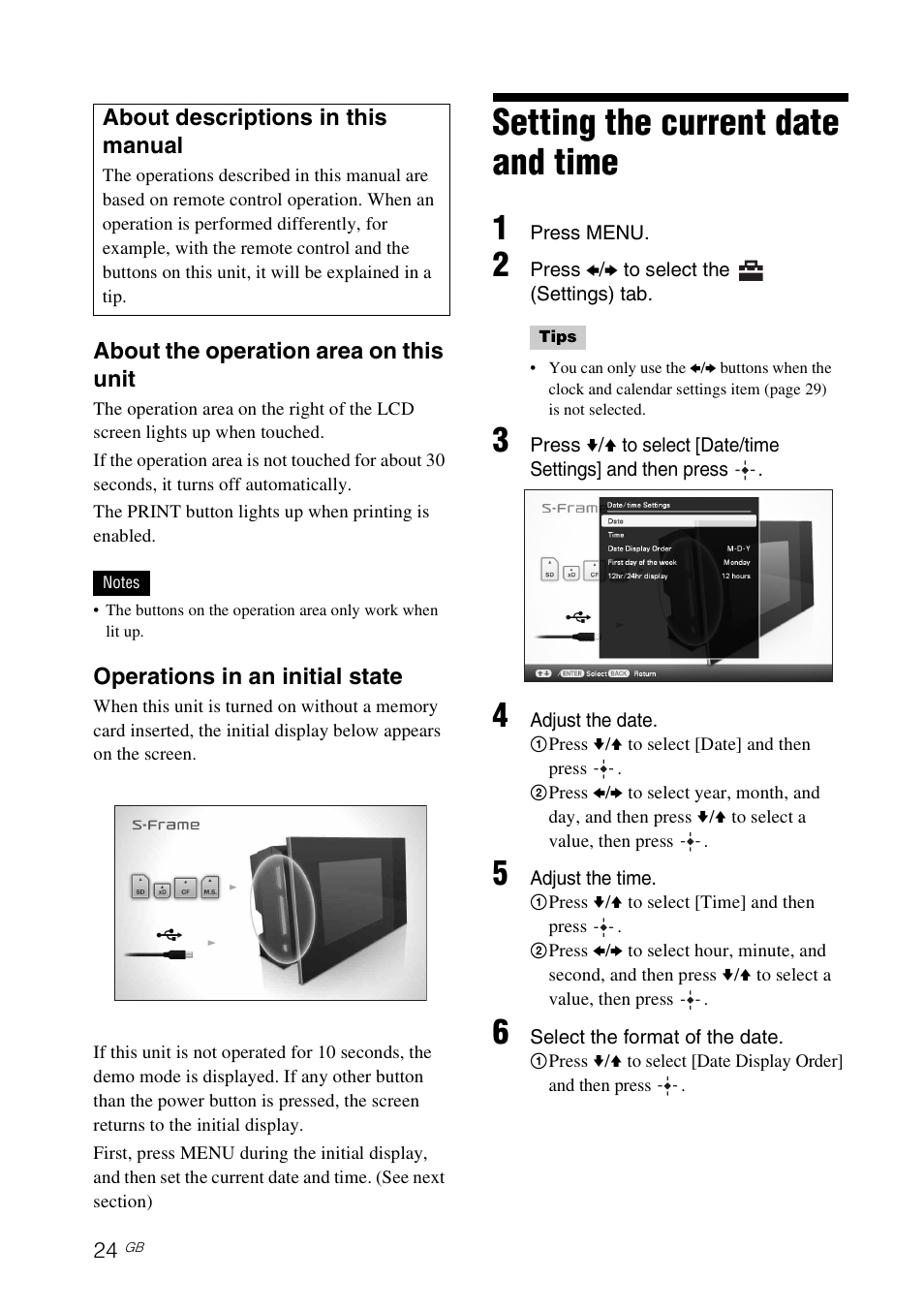 Setting the current date and time, Setting the current date and time .24 | Sony DPP-F700 User Manual | Page 24 / 109