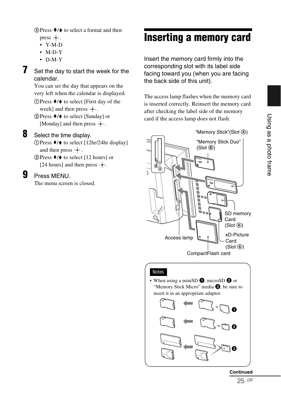 Inserting a memory card, Ge 25 | Sony DPP-F700 User Manual | Page 25 / 109