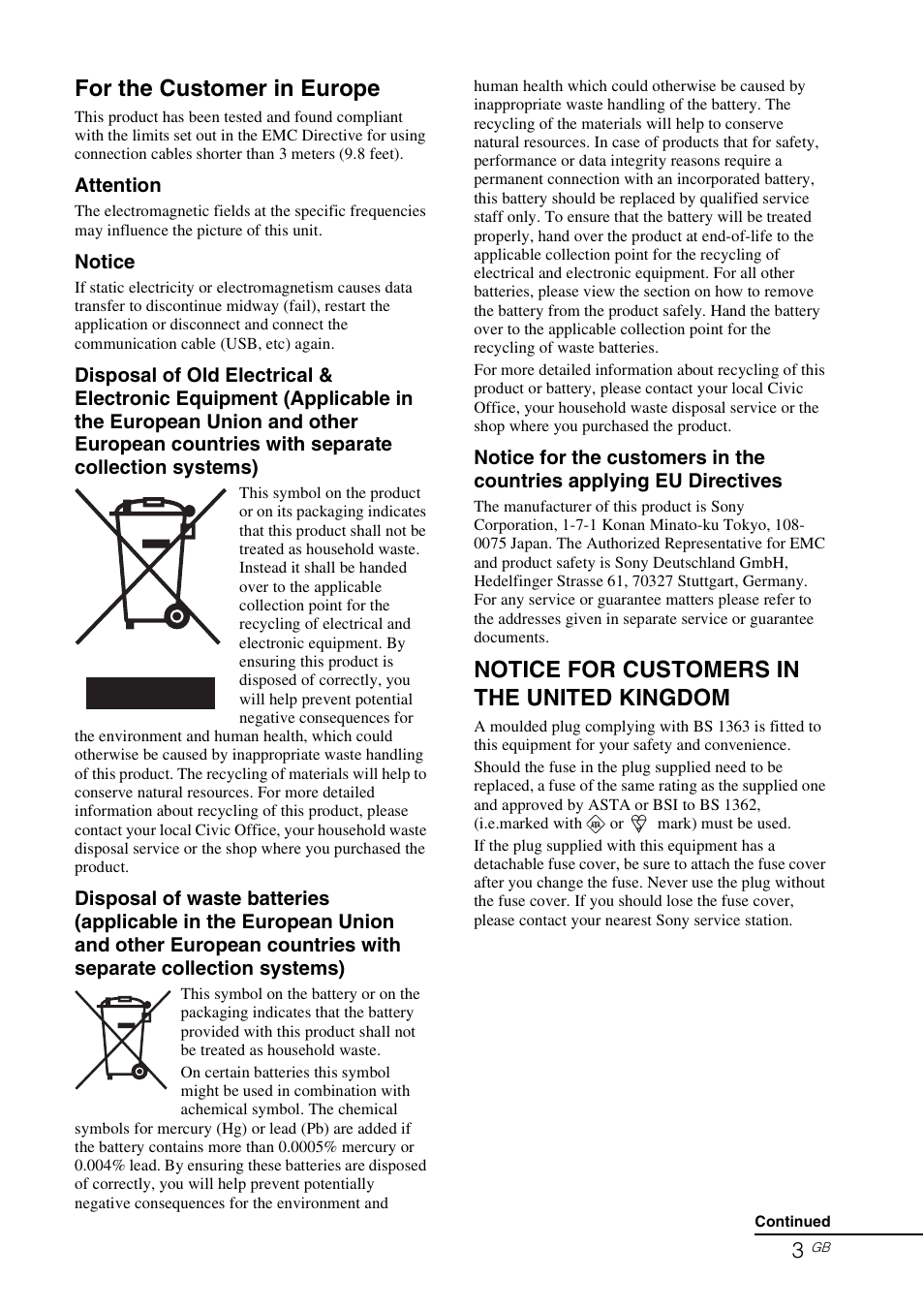 For the customer in europe, Notice for customers in the united kingdom | Sony DPP-F700 User Manual | Page 3 / 109