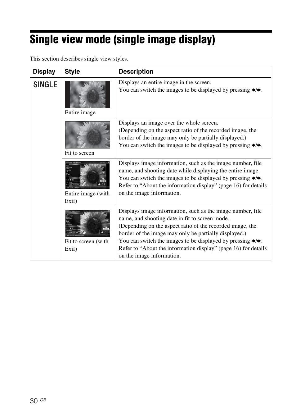 Single view mode (single image display), Ge 30) | Sony DPP-F700 User Manual | Page 30 / 109