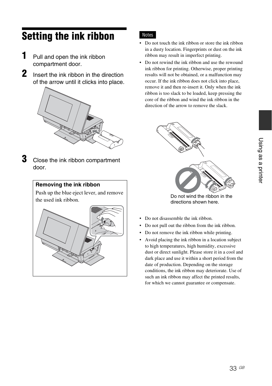 Setting the ink ribbon | Sony DPP-F700 User Manual | Page 33 / 109