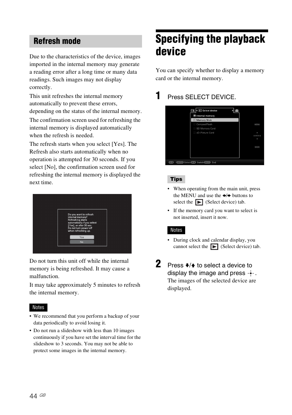 Refresh mode, Specifying the playback device, Age 44 | Sony DPP-F700 User Manual | Page 44 / 109