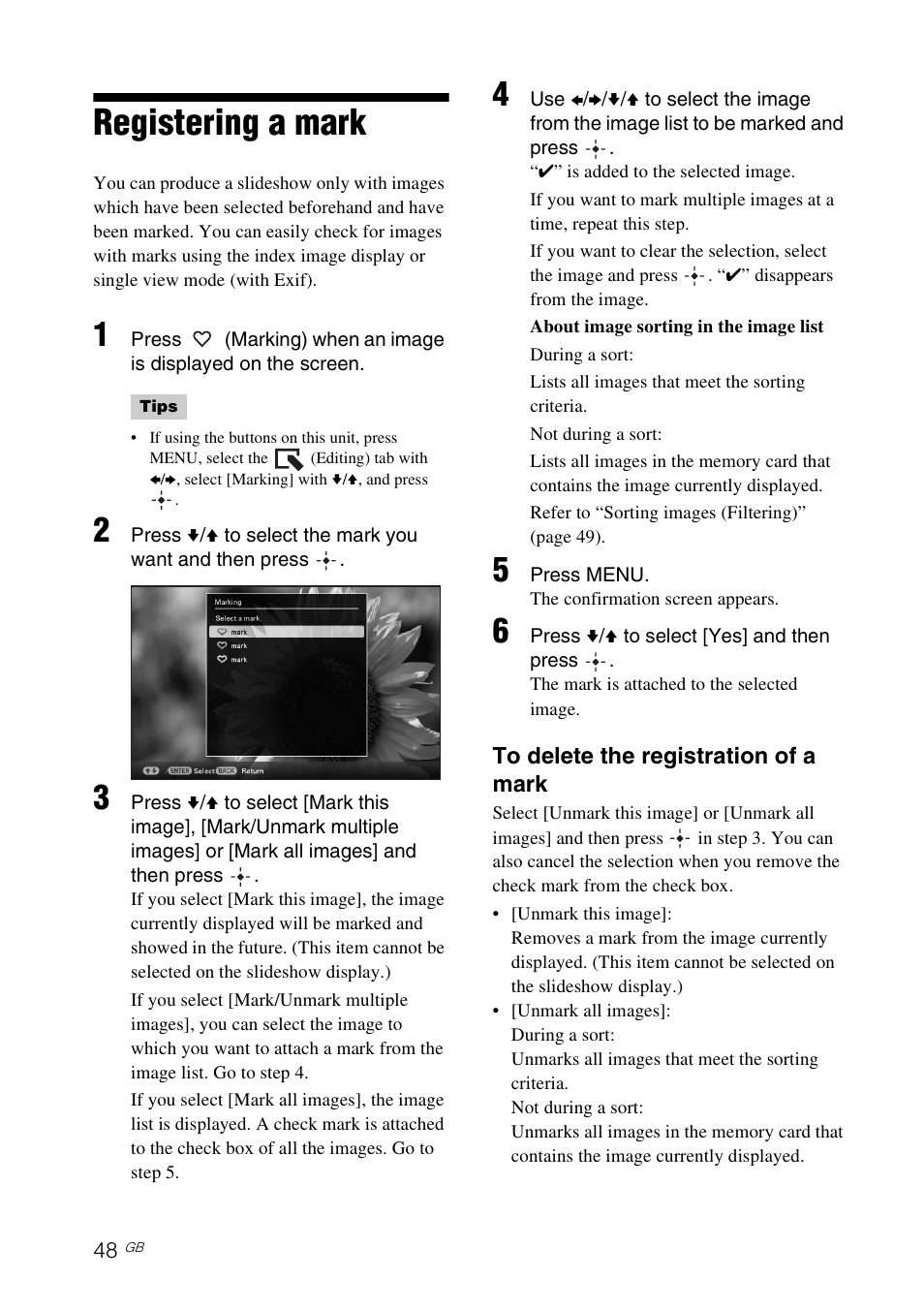 Registering a mark, E 48) | Sony DPP-F700 User Manual | Page 48 / 109