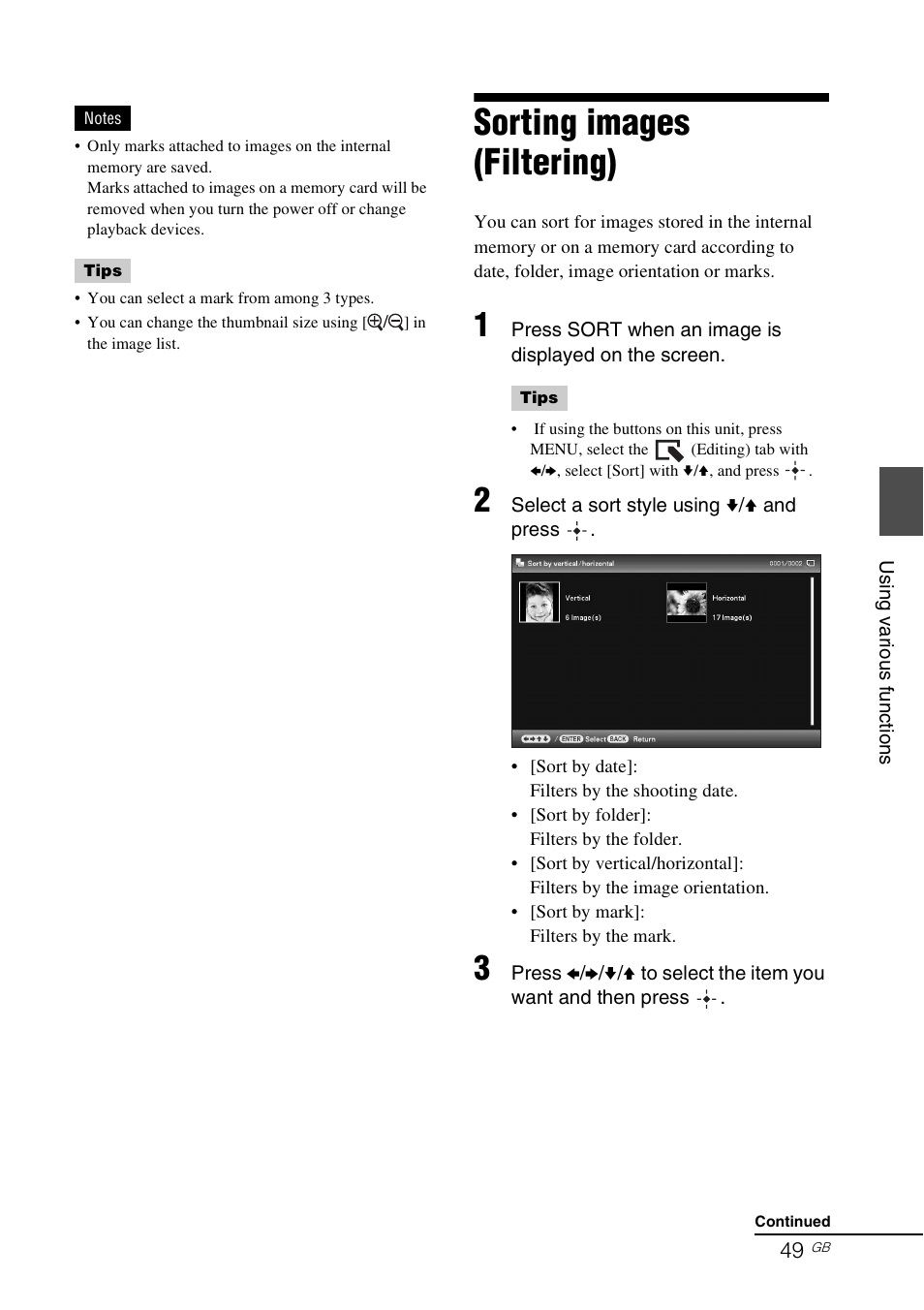 Sorting images (filtering), Ge 49, E 49) | Sony DPP-F700 User Manual | Page 49 / 109