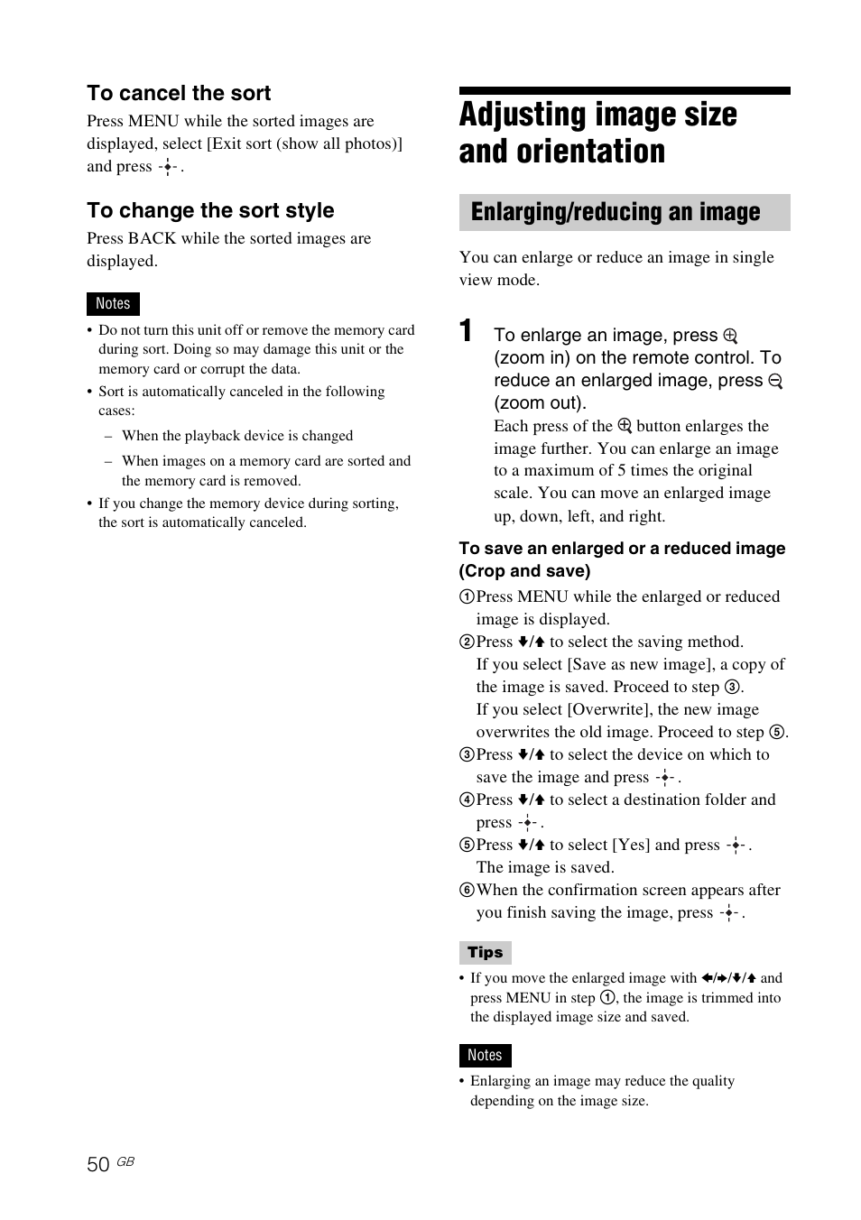 Adjusting image size and orientation, Enlarging/reducing an image, Adjusting image size and | Orientation enlarging/reducing an image, Age 50 | Sony DPP-F700 User Manual | Page 50 / 109